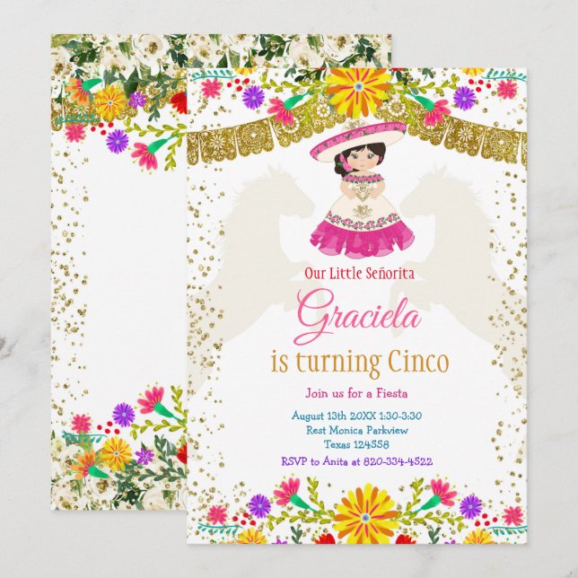 Mexican Colourful Flowers with Gold Glitter  Invitation (Front/Back)