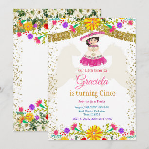 Mexican Colourful Flowers with Gold Glitter  Invitation