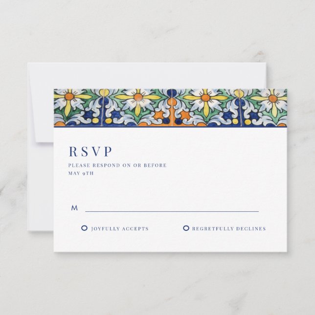 Mexican Colourful Tile Arch Wedding RSVP Card (Front)