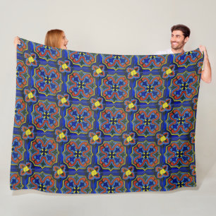 Mexican Colourful Yellow Flowers Tiles Fleece Blanket