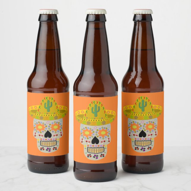 Mexican Day of the Dead Skull  Beer Bottle Label (Bottles)