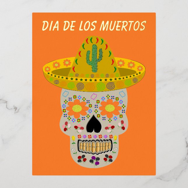 Mexican Day of the Dead Skull Custom Foil Holiday Postcard (Front)