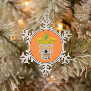 Mexican Day of the Dead Skull Snowflake Pewter Christmas Ornament