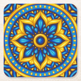 Mexican Design of Blue and Yellow   Square Paper Coaster