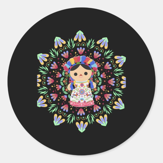 Mexican Doll-Lele-Maria- Embroidered Mexican Print Classic Round Sticker (Front)