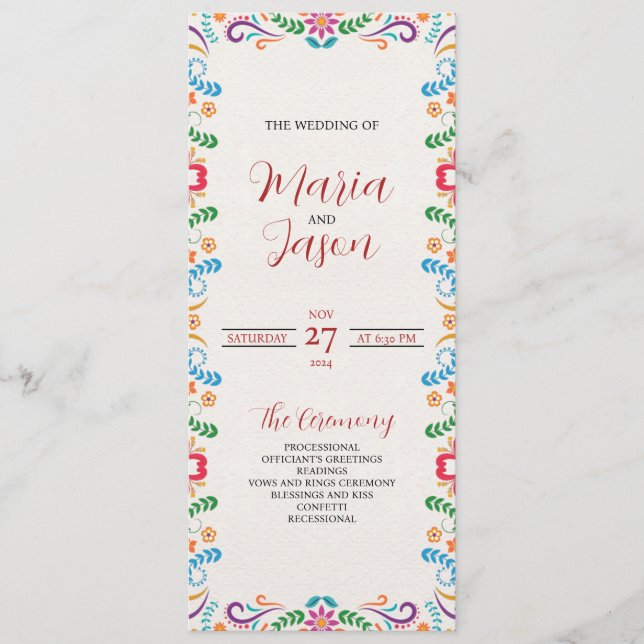 Mexican Elegant Colourful Floral Fiesta Wedding Program (Front)