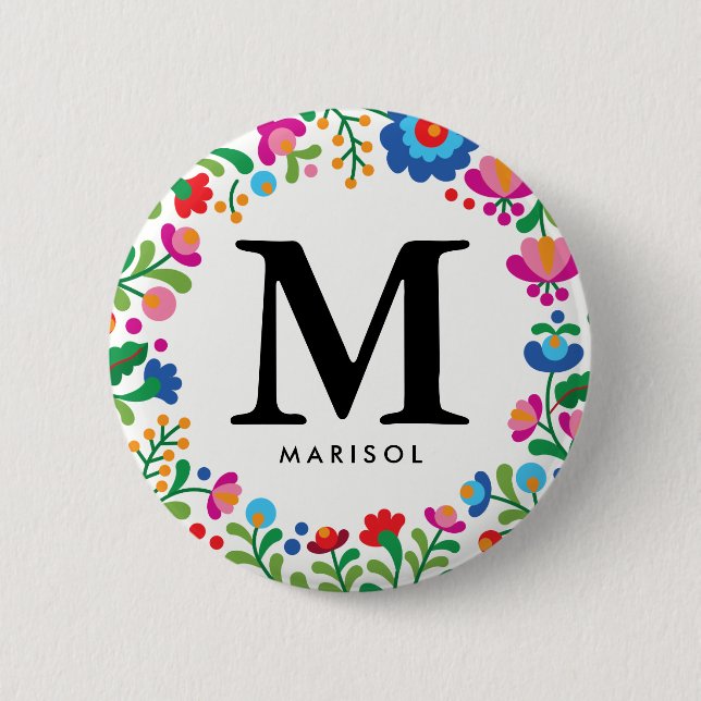 Mexican Embroidery Bridesmaid Monogram 2 Inch Round Button (Front)