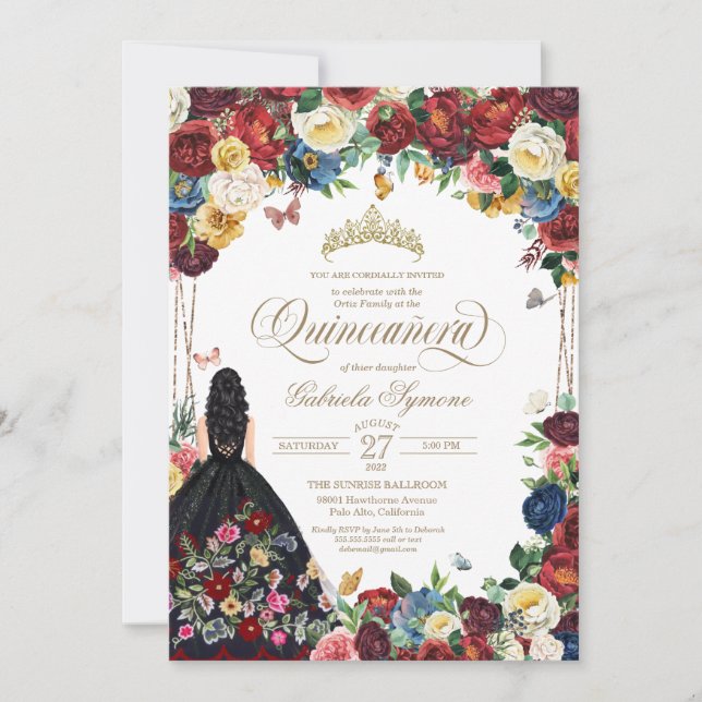 Mexican Embroidery Butterfly Floral Quinceanera Invitation (Front)