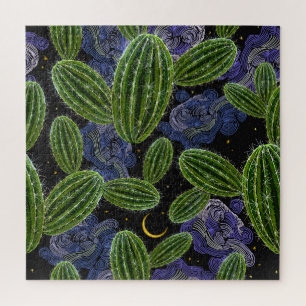 Mexican Embroidery: Cactus Night Seamless. Jigsaw Puzzle