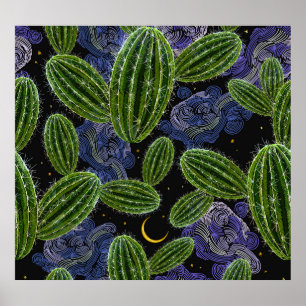 Mexican Embroidery: Cactus Night Seamless. Poster
