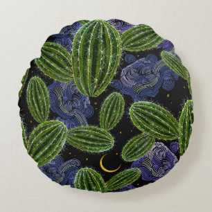Mexican Embroidery: Cactus Night Seamless. Round Pillow