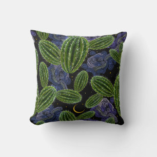 Mexican Embroidery: Cactus Night Seamless. Throw Pillow