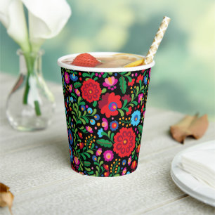 Mexican Embroidery Colourful Pattern on Black Paper Cups
