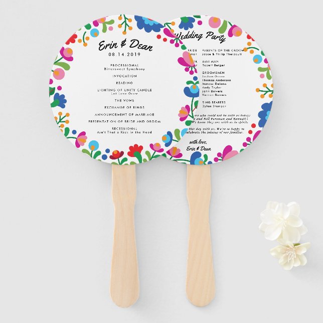 Mexican Embroidery Colourful Wedding Program Fan (Front and Back)