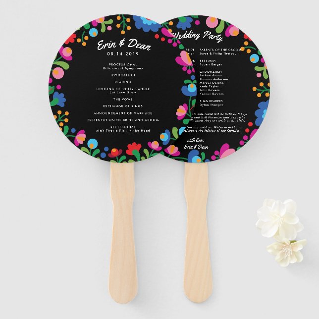Mexican Embroidery Colourful Wedding Program Fan (Front and Back)