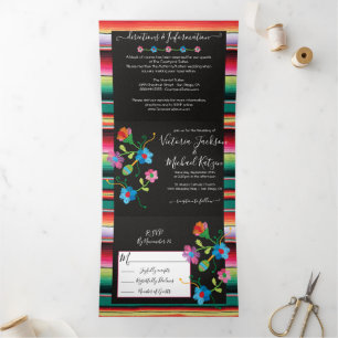 Mexican Embroidery Floral Rug Wedding Tri-Fold Inv