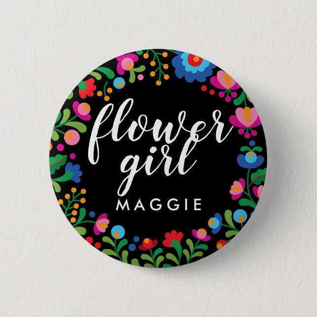 Mexican Embroidery Flower Girl Name 2 Inch Round Button (Front)