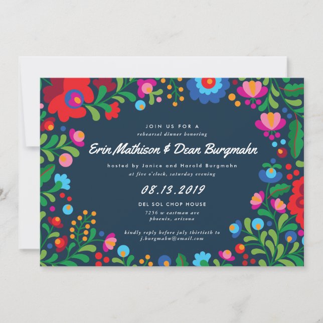 Mexican Embroidery Navy Blue Rehearsal Dinner Invitation (Front)
