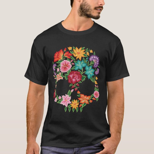 Mexican Embroidery Style Skull Design from Oaxaca, T-Shirt (Front)