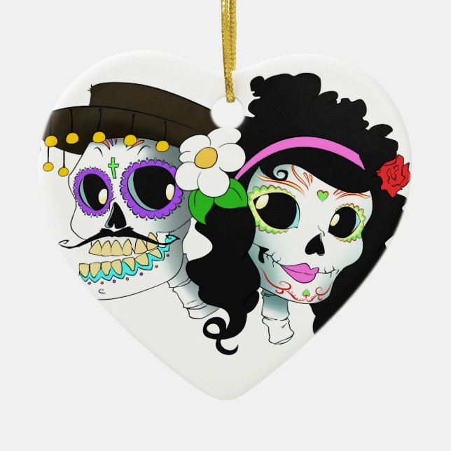 Mexican Festive Skull Couple Ceramic Ornament (Front)