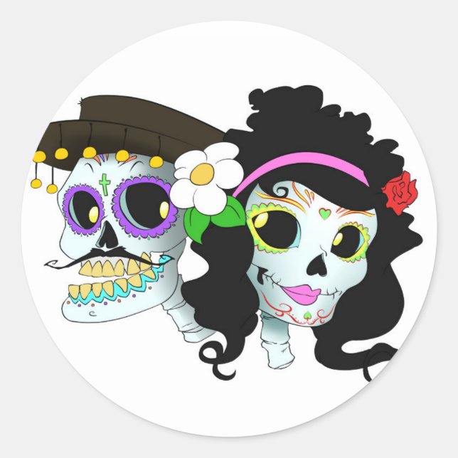 Mexican Festive Skull Couple Classic Round Sticker (Front)