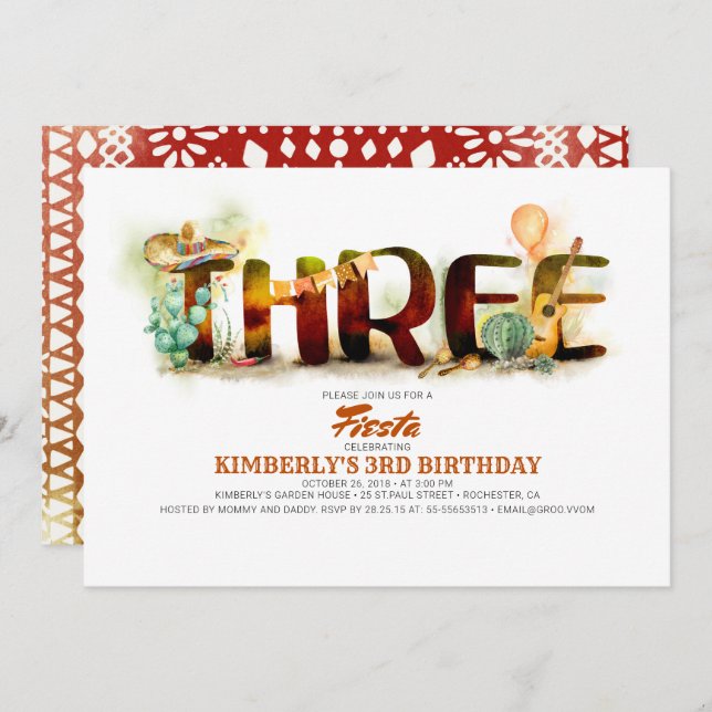 Mexican Fiesta 3nd Birthday Party Invitation (Front/Back)