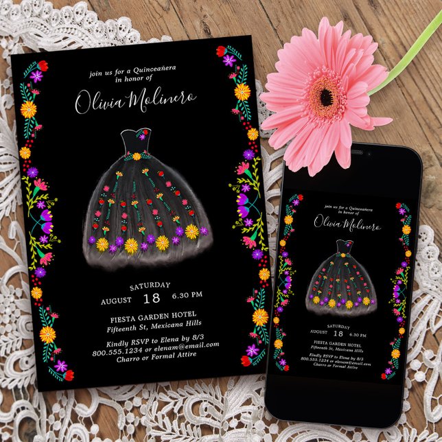 Mexican Fiesta Black Charro Dress Quinceanera Invitation (Quinceanera invitation from my Mexican Fiesta Floral collection
)