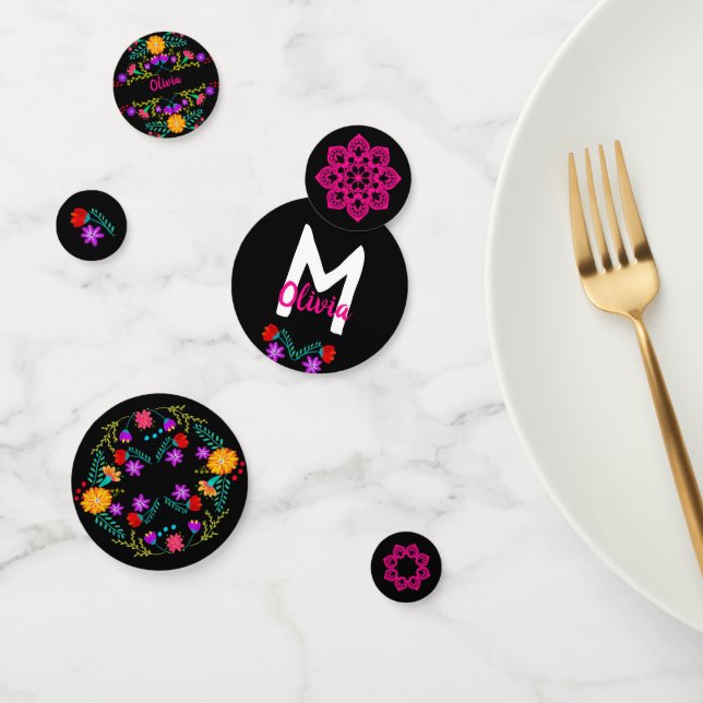 Mexican Fiesta Black Pink Floral Monogram Name Confetti (Group)