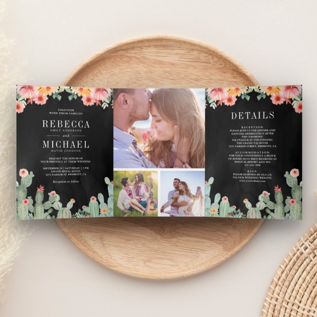 Mexican Fiesta Cactus Floral Photo Collage Wedding Tri-Fold Invitation (Creator Uploaded)