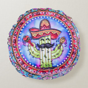 Mexican Fiesta Cinco de Mayo Sombrero Hat Blue Red Round Pillow