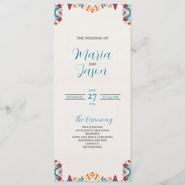 Mexican Fiesta Colourful Botanical Floral Wedding Program (Front)