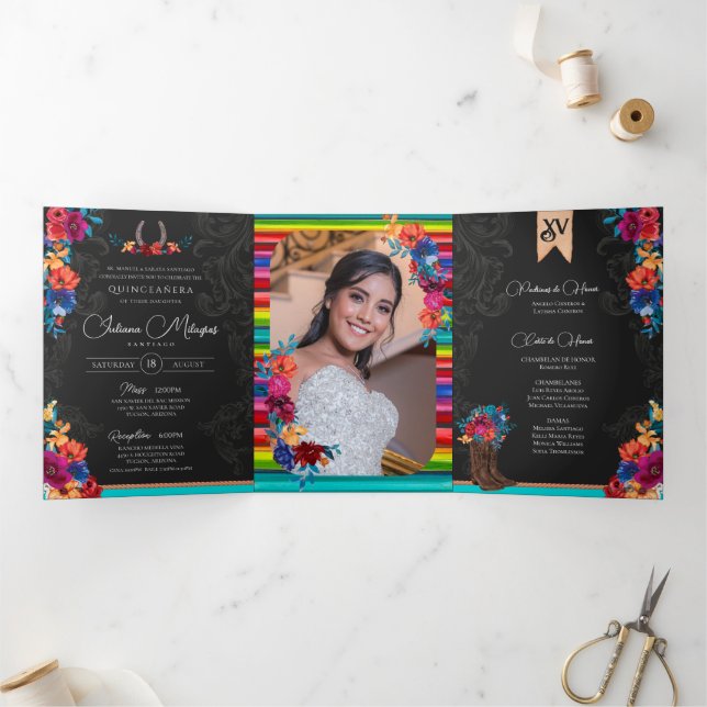 Mexican Fiesta Colourful Floral Charro Quinceanera Tri-Fold Invitation (Inside)