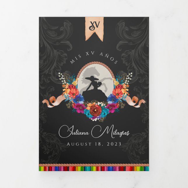 Mexican Fiesta Colourful Floral Charro Quinceanera Tri-Fold Invitation (Cover)