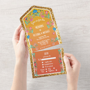 Mexican Fiesta Faux Gold Glitter Floral Wedding All In One Invitation