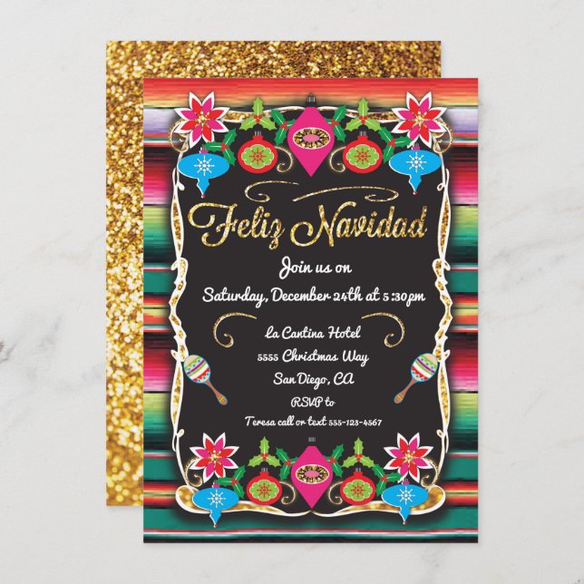 Mexican Fiesta Feliz Navidad Party Gold Glitter Invitation (Front/Back)