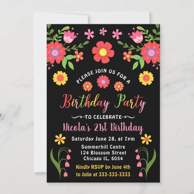 Mexican Fiesta Floral and Black Birthday Party  Invitation (Front)