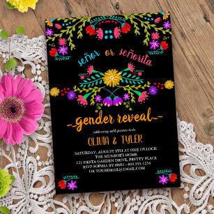 Mexican Fiesta Floral Black Colourful Gender Revea Invitation