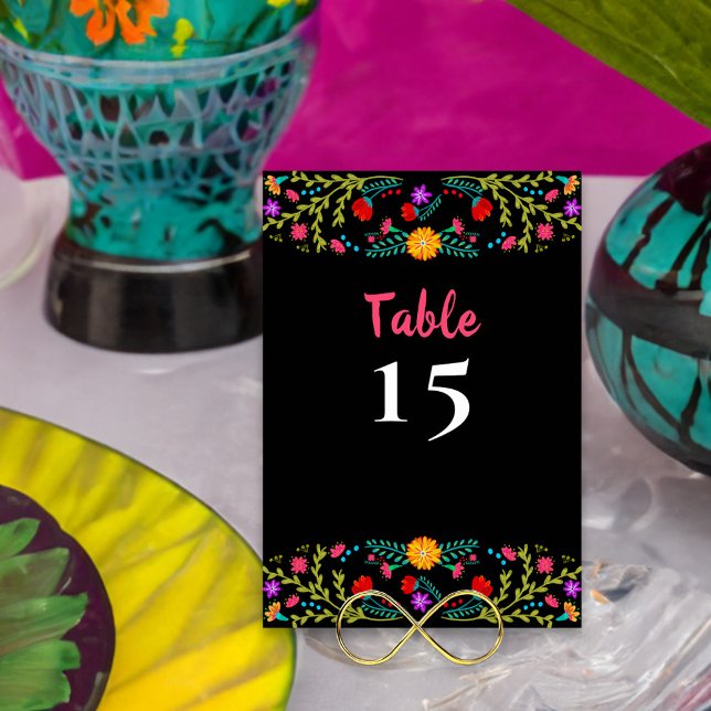 Mexican Fiesta Floral Black Dinner Table Number (Quinceanera table number with colorful mexican fiesta flowers on black - printed both sides)