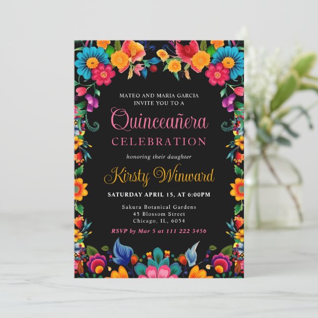 Mexican Fiesta Floral Black Quinceanera Invitation (Standing Front)