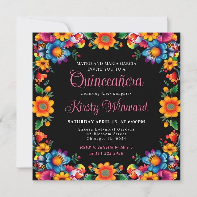 Mexican Fiesta Floral Black Quinceanera Invitation (Front)