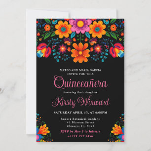 Mexican Fiesta Floral Black Quinceanera Invitation