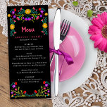 Mexican Fiesta Floral Black Wedding Menu<br><div class="desc">Vibrant and pretty Menu for a wedding or any other special occasion. This Mexican floral theme features colourful Mexican folk art flowers in red, pink, purple and yellow on a black background. The back of the card has a floral bouquet made from the same fiesta flowers. The template is set...</div>