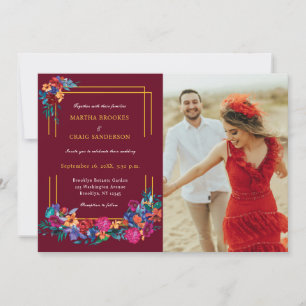 Mexican Fiesta Floral Burgundy Photo Wedding Invitation
