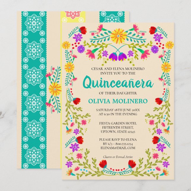 Mexican Fiesta Floral Champagne Quinceanera Invitation (Front/Back)