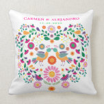 Mexican Fiesta Floral Love Birds Wedding Gift Throw Pillow<br><div class="desc">This beautiful cushion features whimsical & intricate Mexican floral pattern in hot pink, purple, orange, green, yellow and turquoise. Personalise the cushion with the names of the bride and groom and also the wedding date. The background colour of the cushion is set to white, but feel free to choose a...</div>