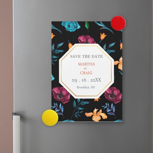 Mexican Fiesta Flower Wedding Black Save the Date Magnetic Invitation (Creator Uploaded)