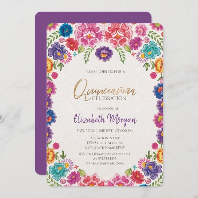Mexican Fiesta Flowers Quinceañera  Invitation (Front/Back)