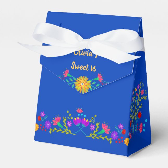 Mexican Fiesta Flowers Royal Blue Personalized Favor Box (Front Side)