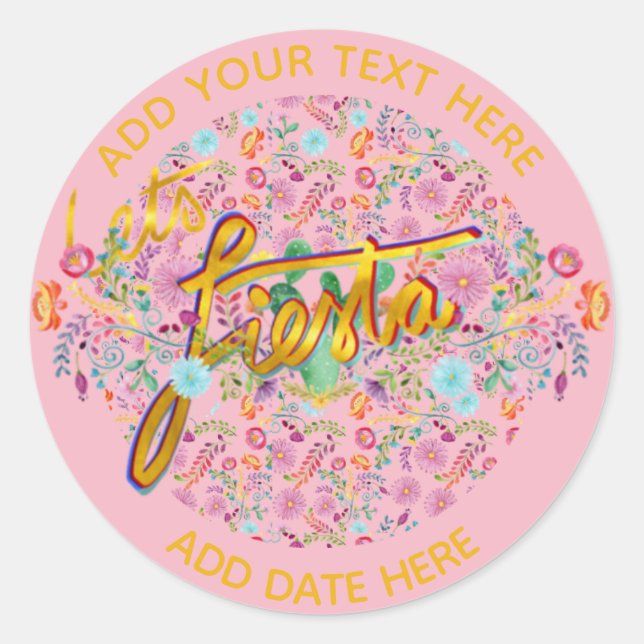 Mexican Fiesta Folk Flowers Personalized Pink Classic Round Sticker (Front)