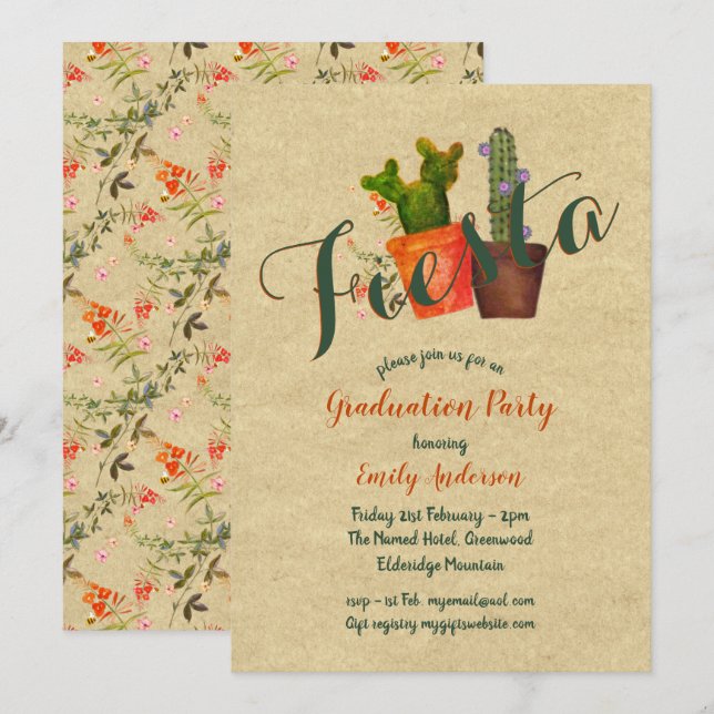 Mexican Fiesta Graduation Party Rustic Cacti Invitation (Front/Back)